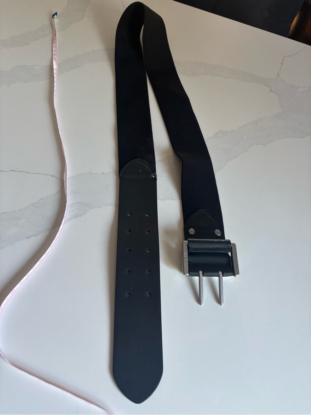 Lauren Ralph Lauren black elastic stretch belt with a double-prong silver buckle